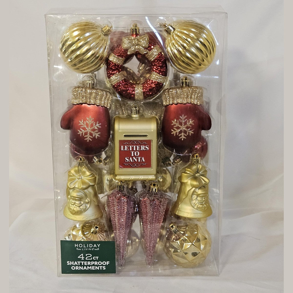 Holiday Living 42 count shatterproof ornaments red and gold, front