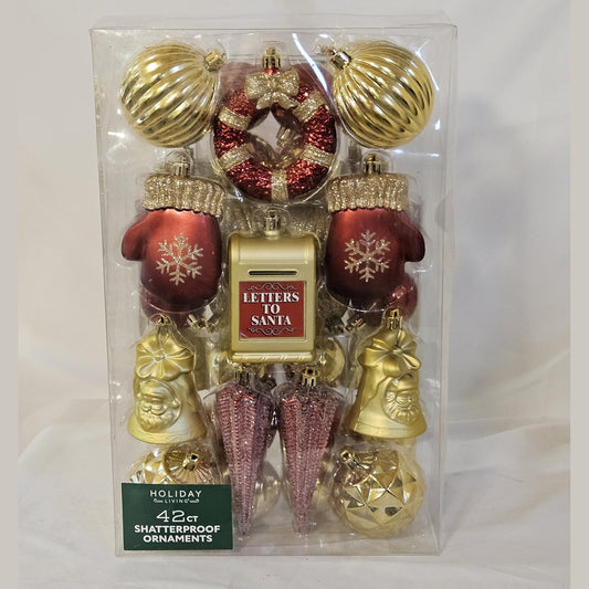Holiday Living 42 count shatterproof ornaments red and gold, front