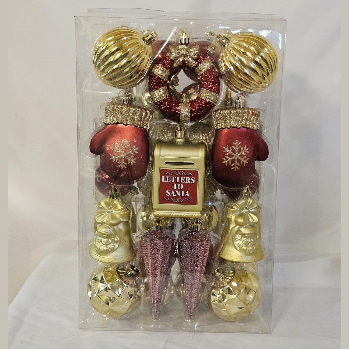 Holiday Living 42 count ornament set red and gold, back view with Letters to Santa mailbox