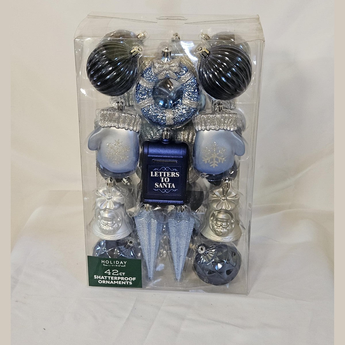 Holiday Living 42 count shatterproof ornaments blue and silver, front