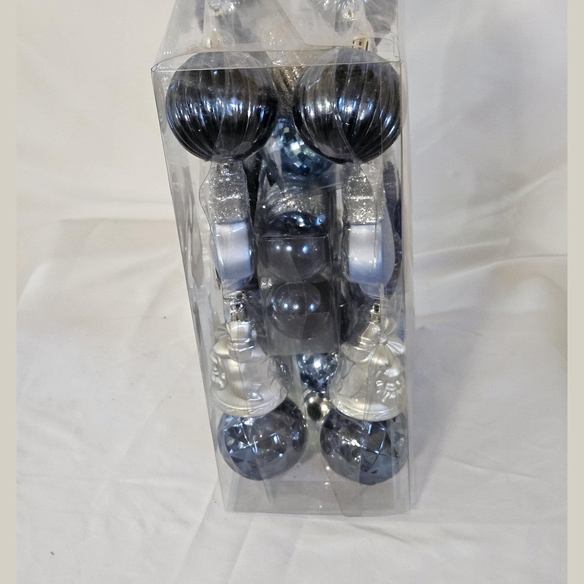 Holiday Living 42 count ornament set blue and silver, side view