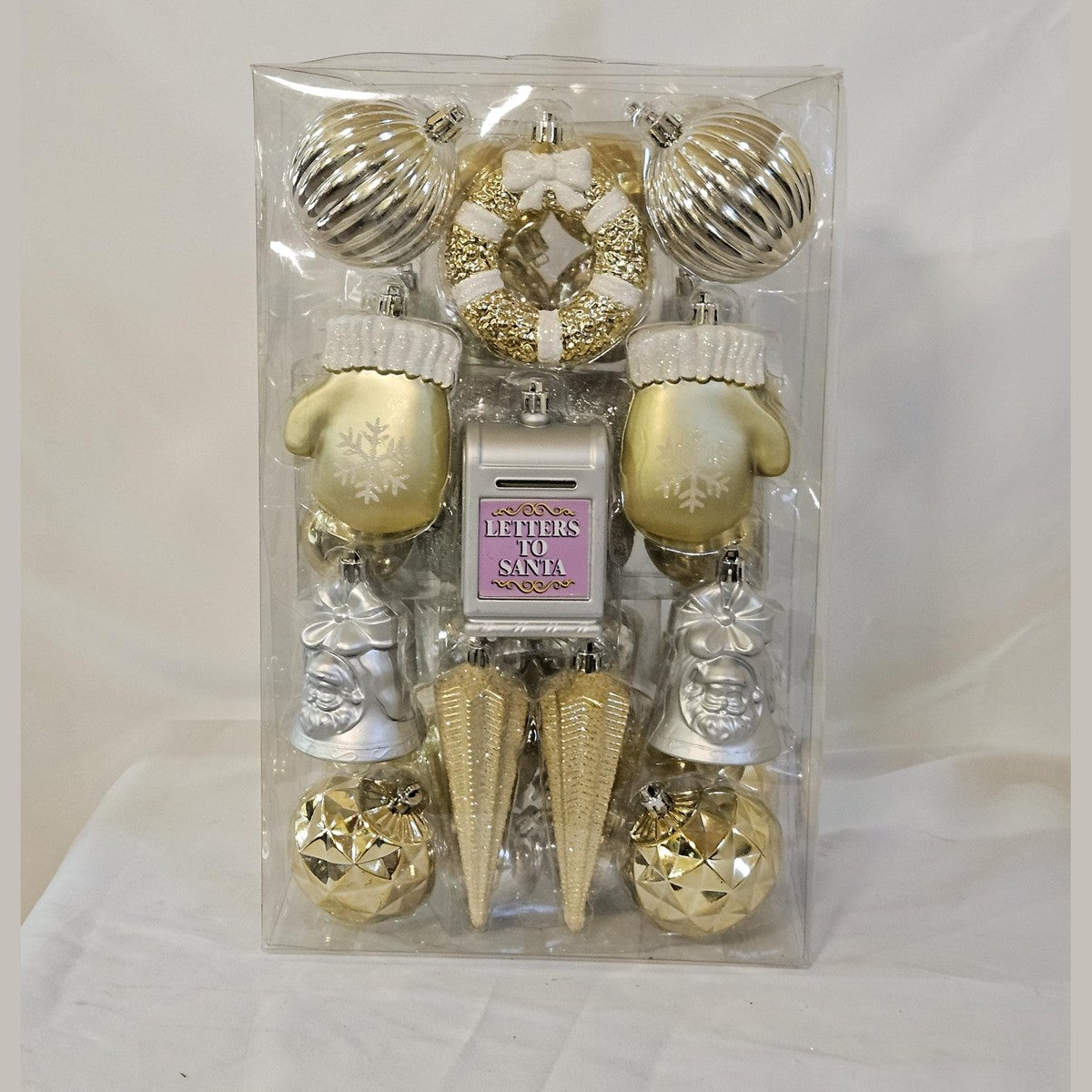 Holiday Living 42 count ornament set gold and silver, back view with Letters to Santa mailbox