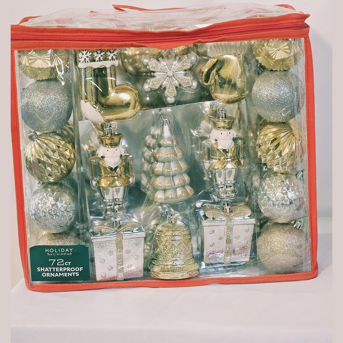 Holiday Living 72 count shatterproof ornament set gold and silver, front