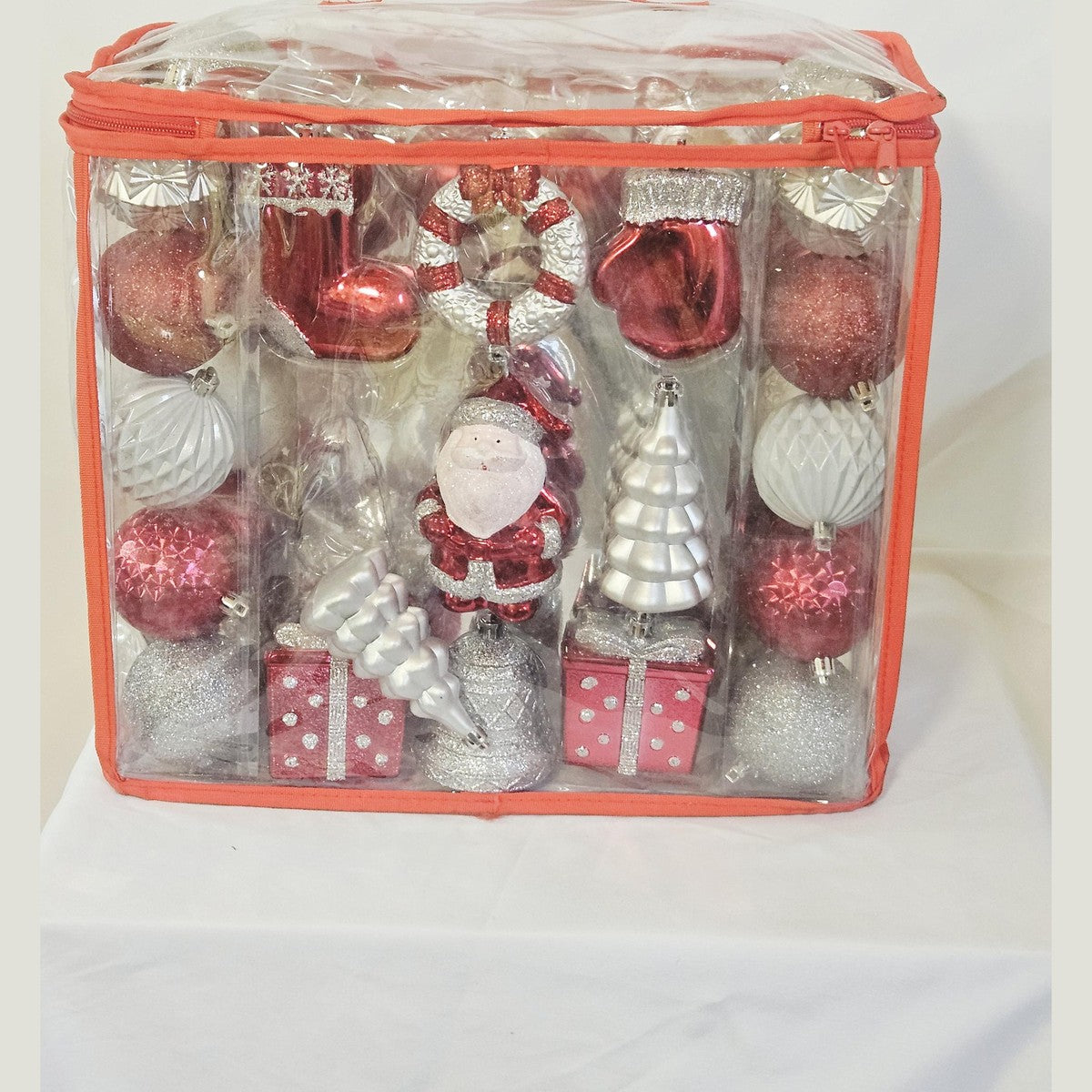 Holiday Living 72 count ornament set red and silver, back view with Santa and trees