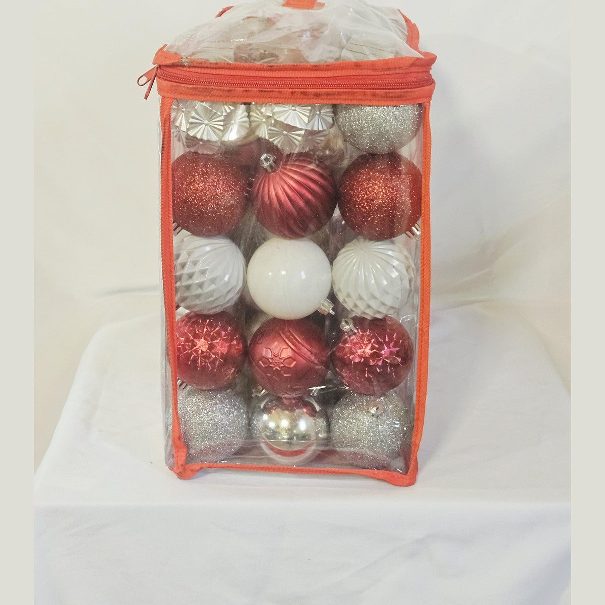 Holiday Living 72 count ornament set red and silver, side view of ball ornaments