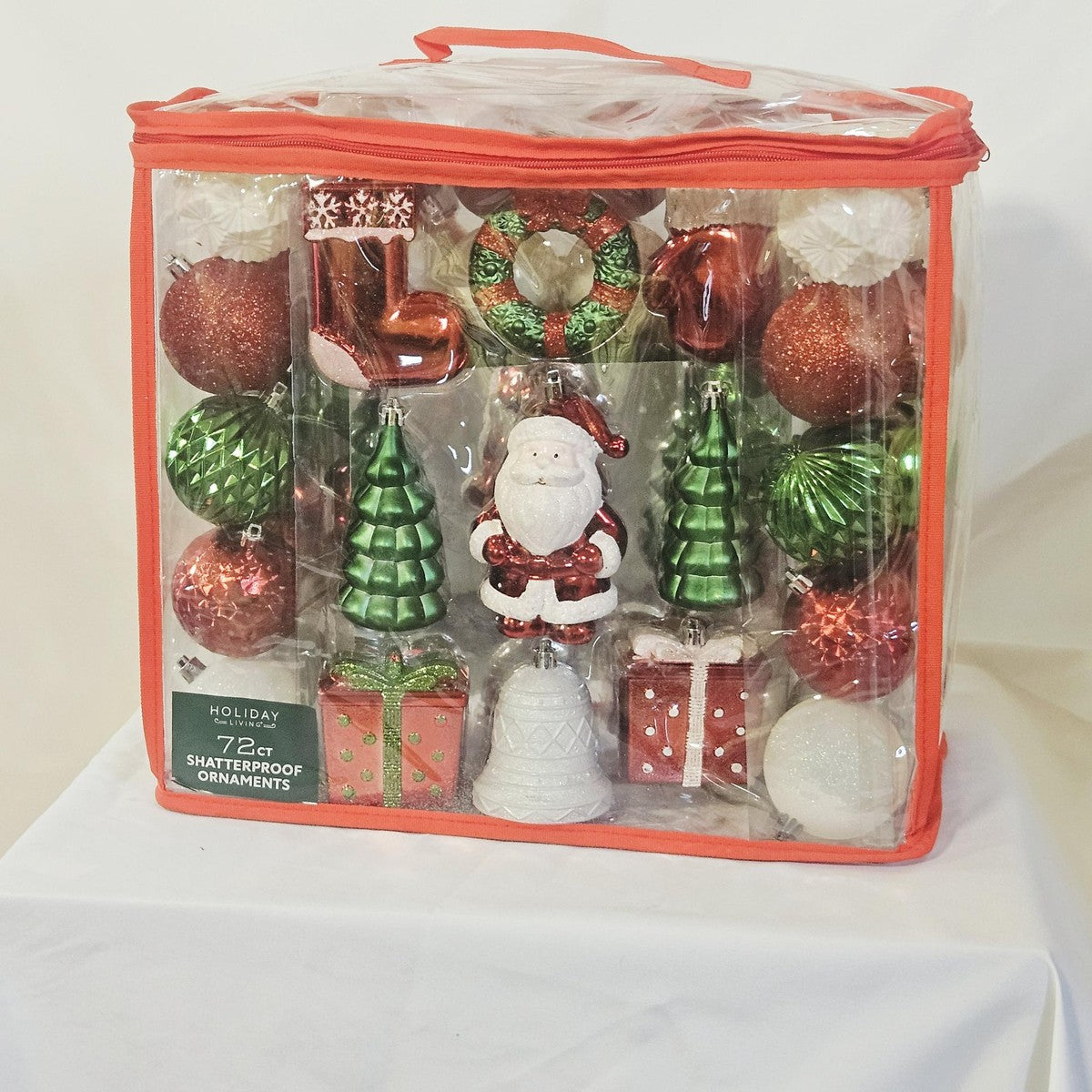 Holiday Living 72 count shatterproof ornament set red green and white, front