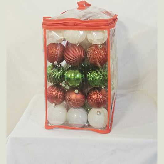 Holiday Living 72 count ornament set red green white, side view of ball ornaments