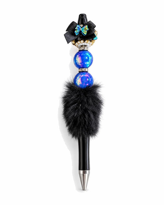 Black pom pom beaded pen with blue beads