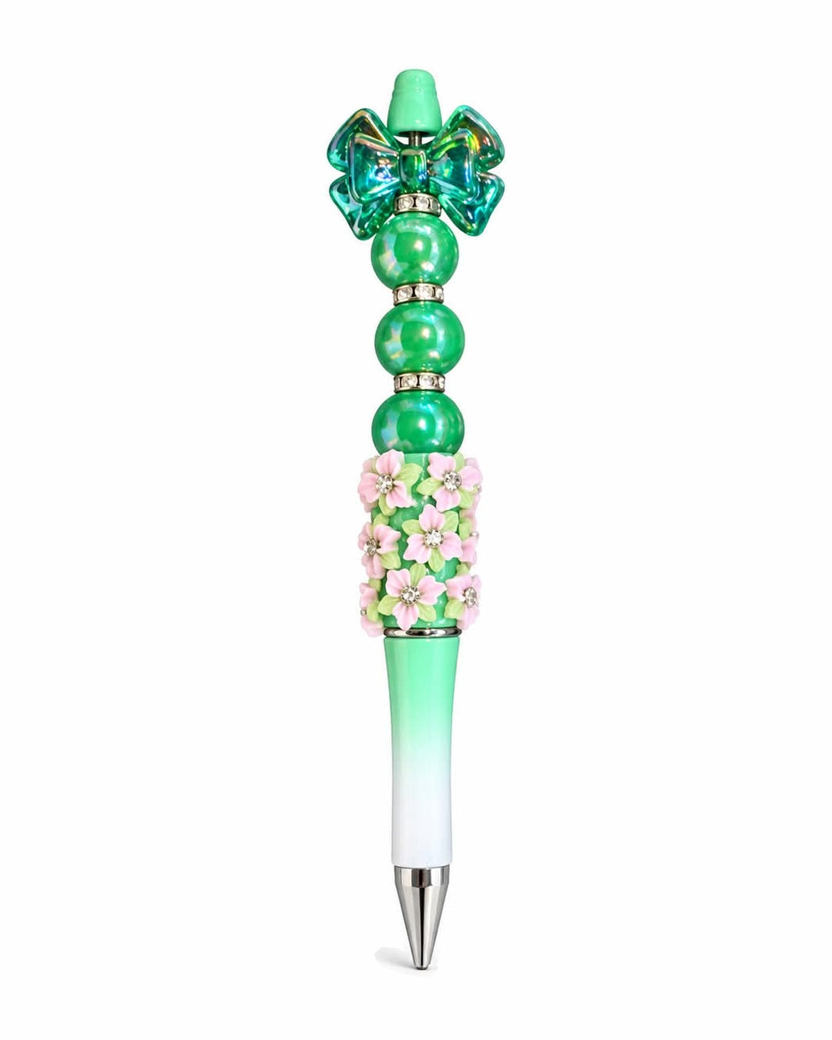 Green bow beaded pen with floral beads