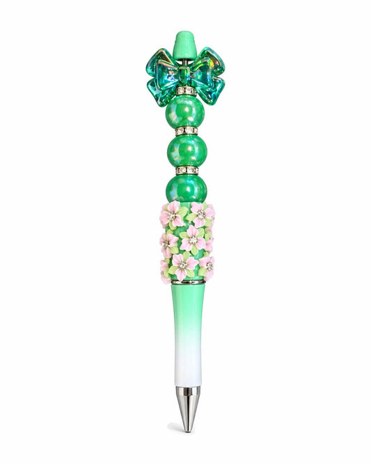 Green bow beaded pen with floral beads