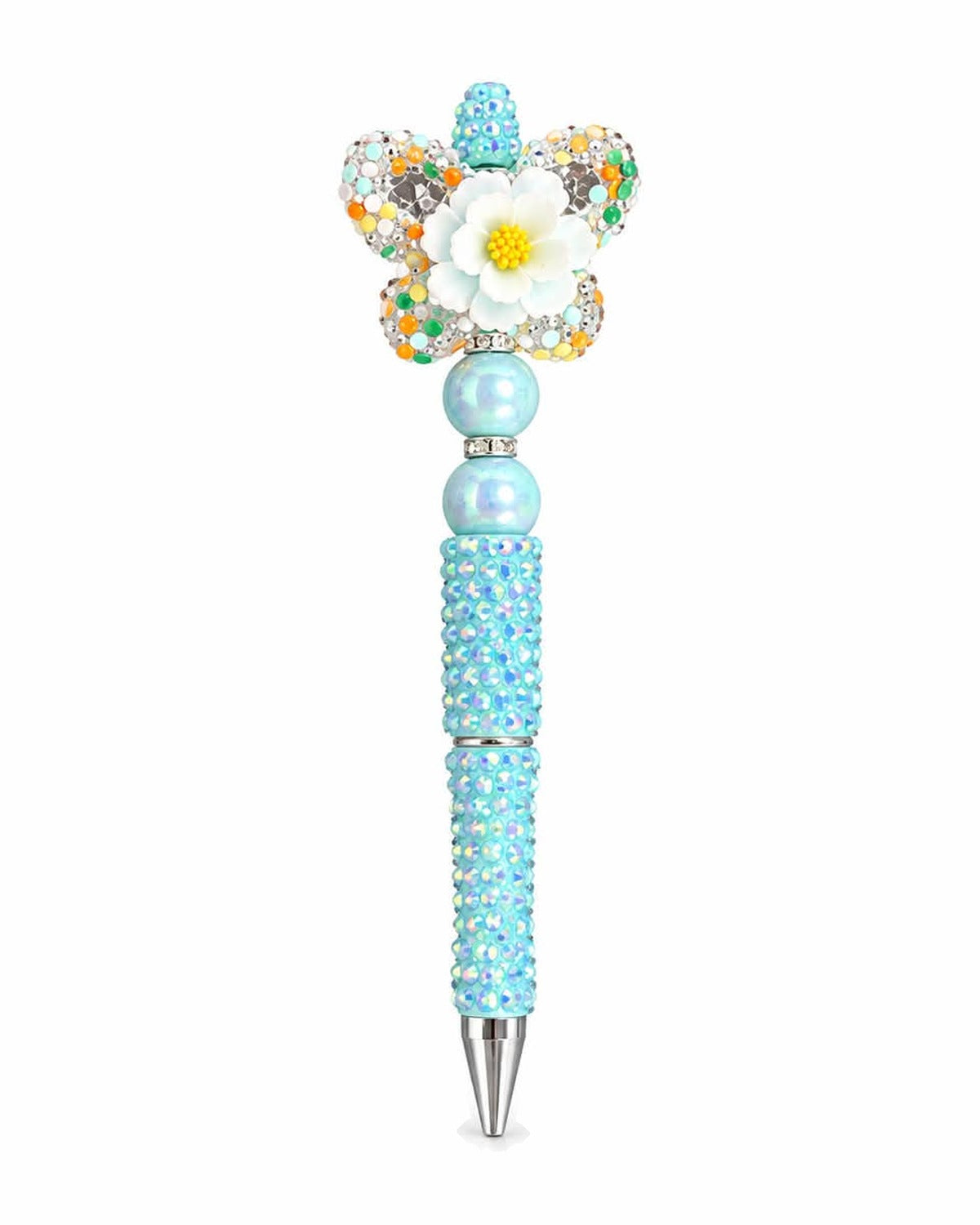 White daisy flower aqua beaded pen