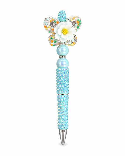 White daisy flower aqua beaded pen