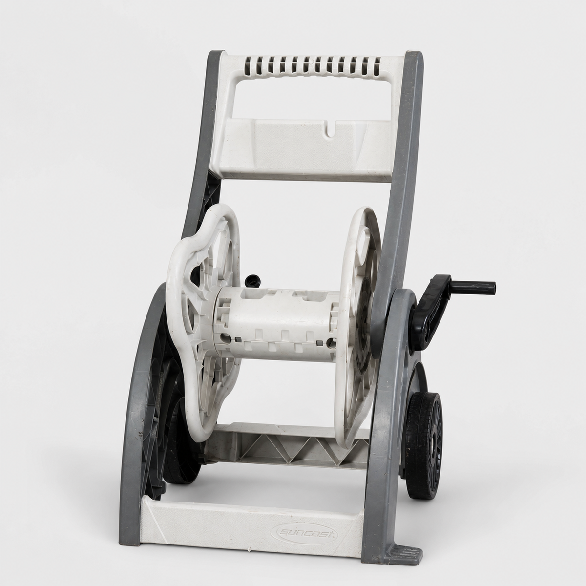 Suncast wheeled hose reel cart in gray and white