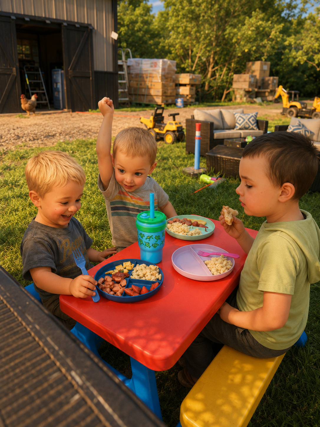 Three children enjoying Pops' Stuff products outdoors