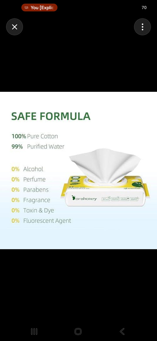 Dorahoney 100% Cotton Baby Wipes, 64 Count
