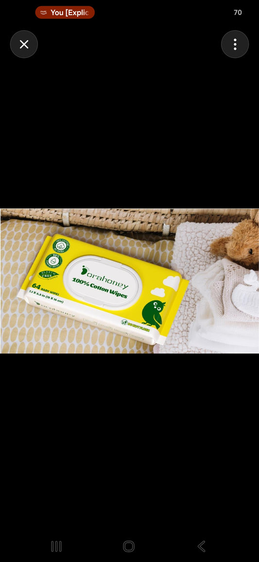 Dorahoney 100% Cotton Baby Wipes, 64 Count