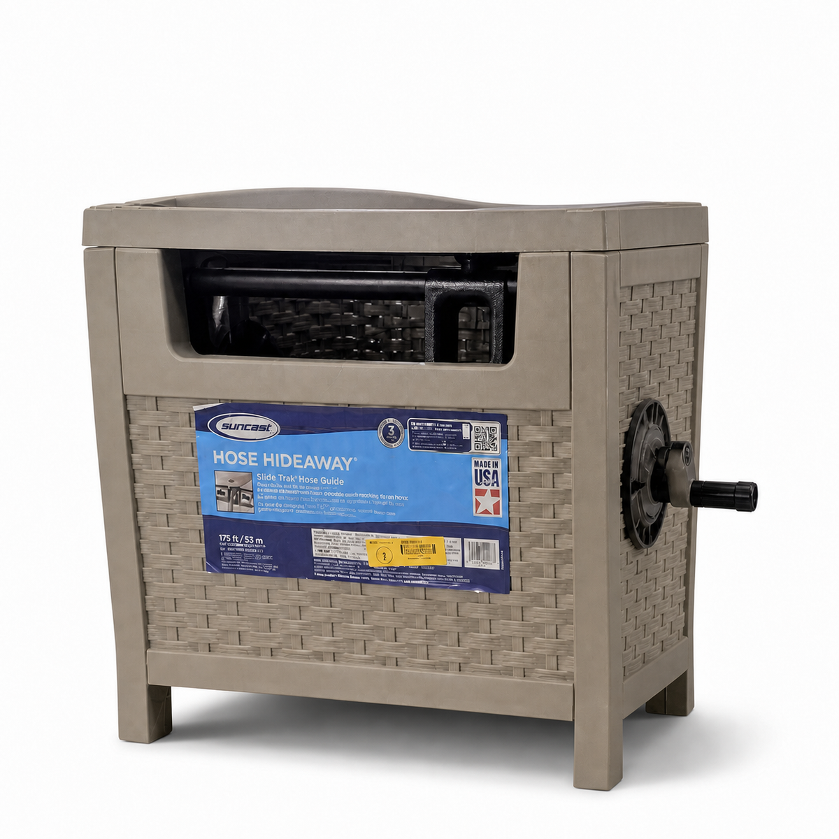 Suncast 175-foot Slide Trak Hose Hideaway in taupe-gray wicker finish with original product label