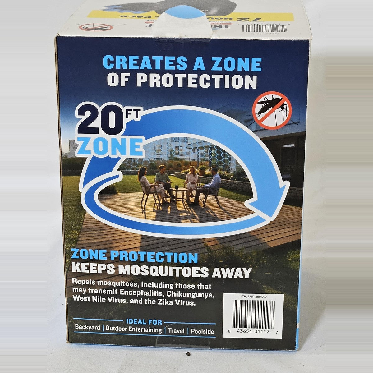 Thermacell box back showing 20 ft zone of protection