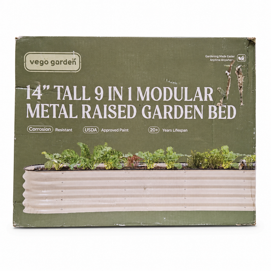 Vego Garden 14-inch-tall 9-in-1 modular metal raised garden bed kit in worn olive-green carton