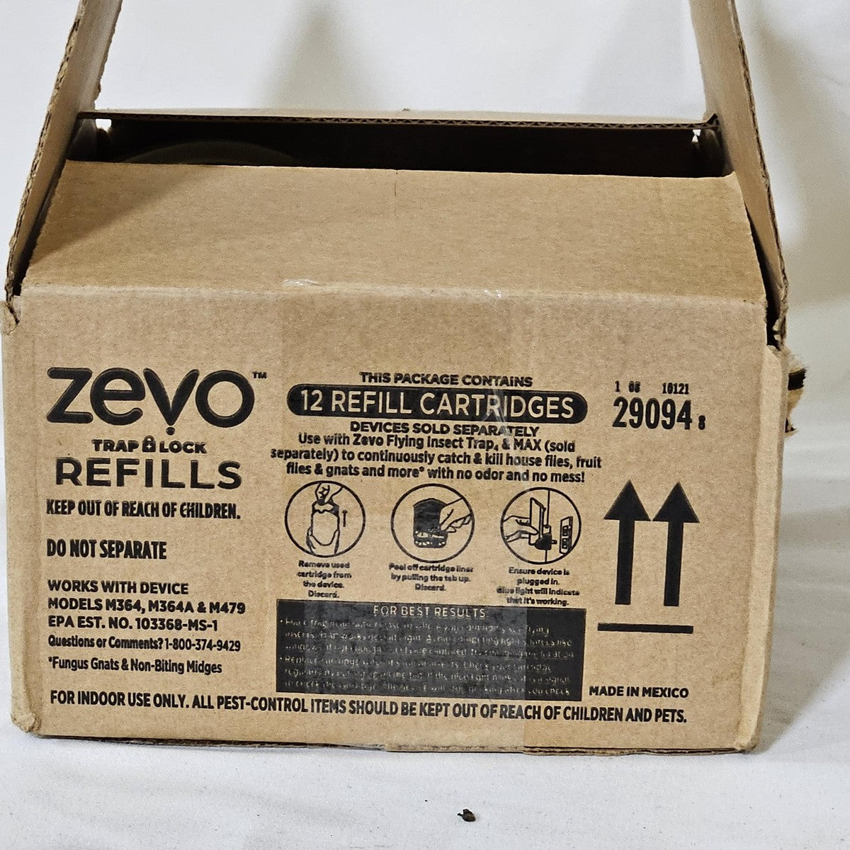 Zevo refills box side showing compatible models M364, M364A and M479